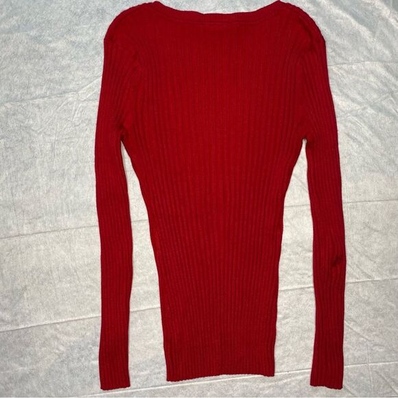Vintage ITS OUR TIME Sweater Tight Fit Ribbed V-Neck Stretch 90s Womens L Red - Picture 3 of 10